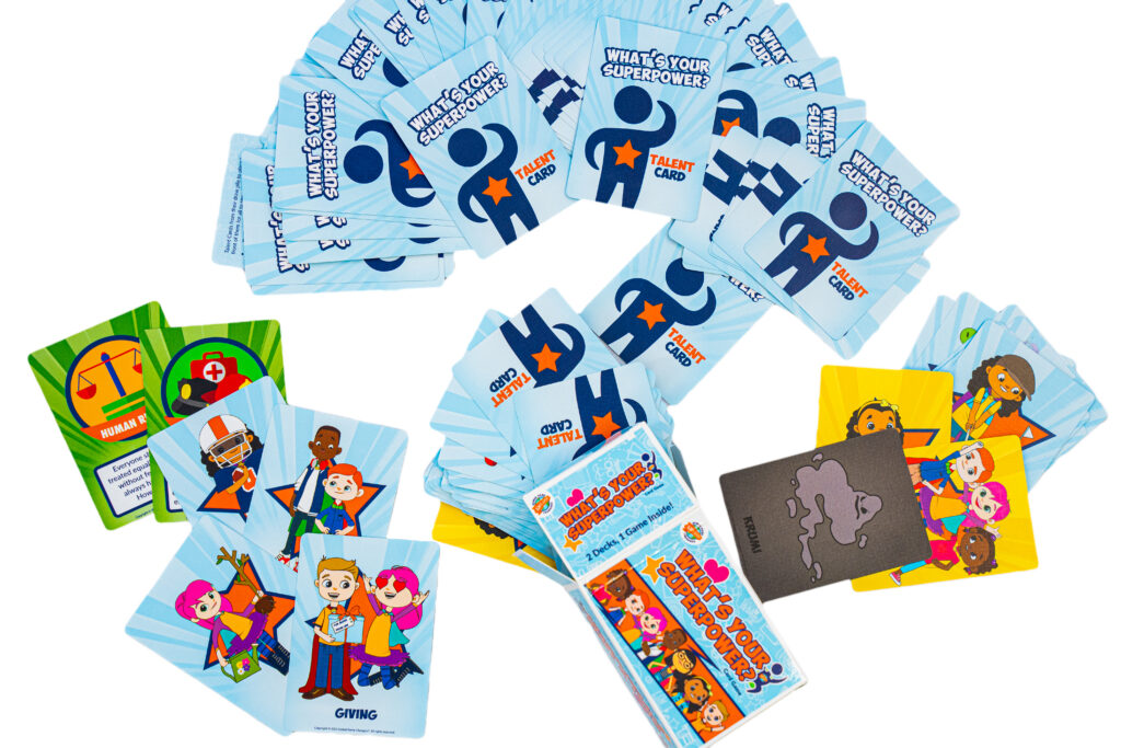 What's Your Superpower card game laid out on the floor